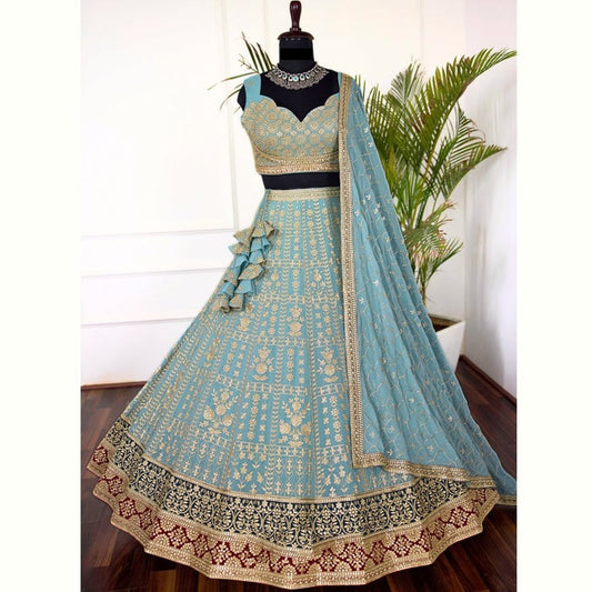 Light Blue color Zari Embroidery work Designer Lehenga Choli for Wedding Function