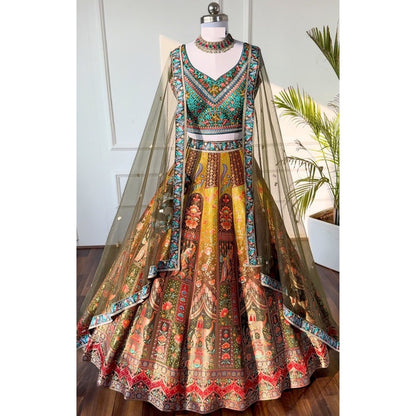 Mehendi color Mirror & Sequence Embroidery work Designer Lehenga with Mehendi choli for Any Function
