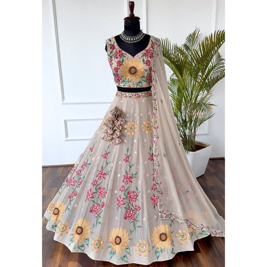 Grey color Real Mirror & Sequence Thread work Designer Wedding Lehenga Choli For Any Function