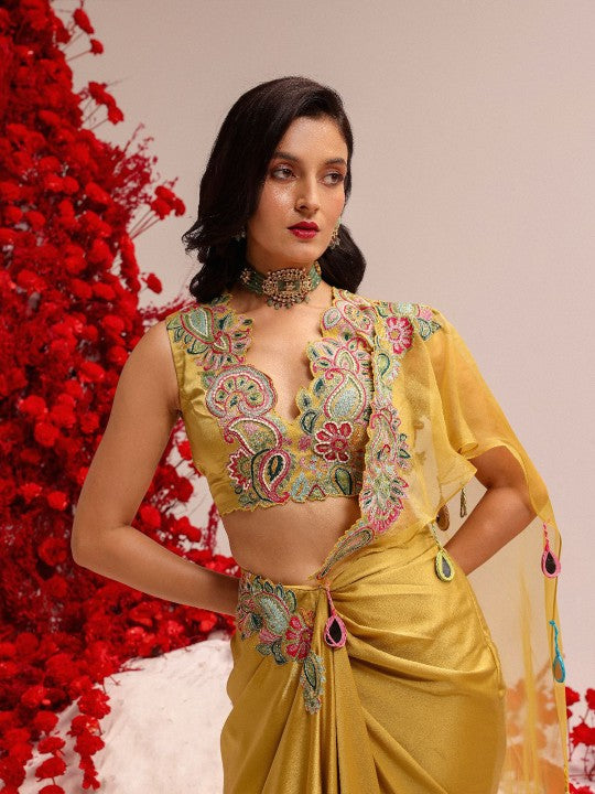 Aari Work Satin Ready to Wear Saree
